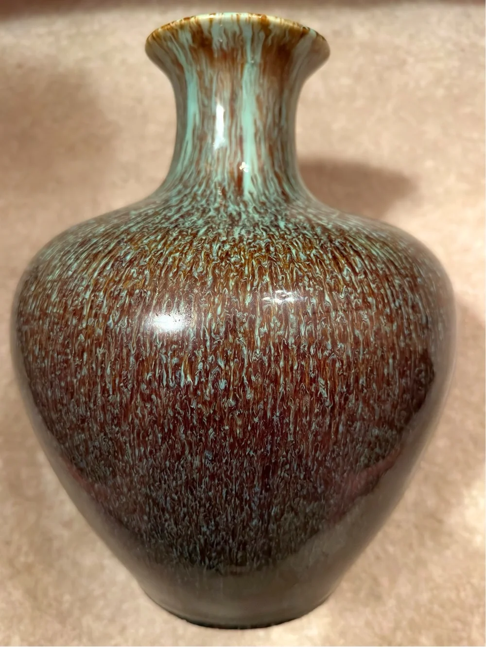 Large Vintage Artisan Pottery Vase MCM Turquoise & Bronze Drip Glaze Stoneware